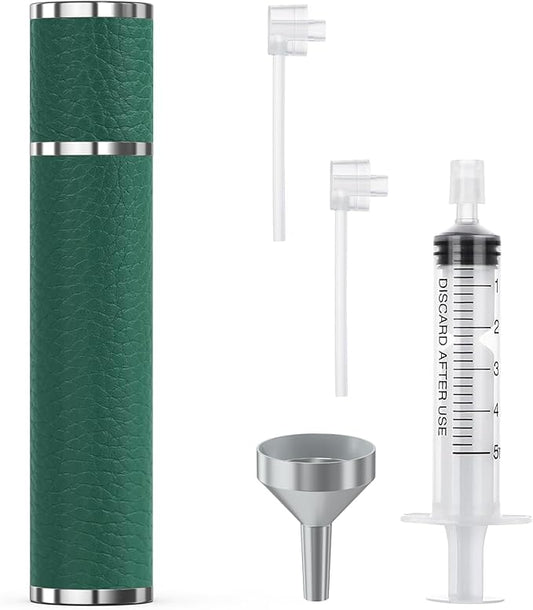 12ml Genuine Leather Perfume Atomizer Refillable, Portable Mini Cologne Sprayer with Magnetic Cap & 3 Refill Tools, Luxury Travel Size Fragrance Spray Bottle for Men & Women (Green)