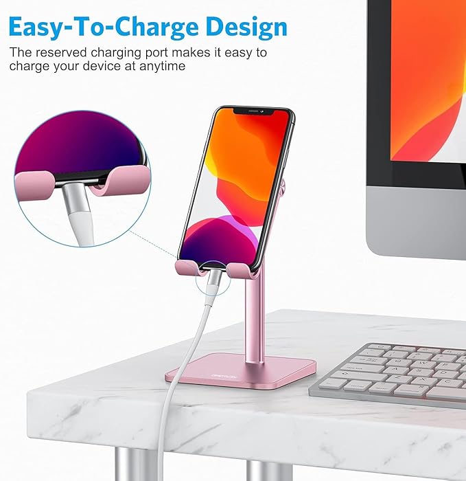 OMOTON Cell Phone Stand, Adjustable Angle Height Desk Phone Dock Holder for iPhone Air/17 Pro Max / 11 Pro/XS Max/XR, Samsung Galaxy S20 / S10 / S9 / S8 and Other Phones (3.5-7.0-Inch), Rose Gold