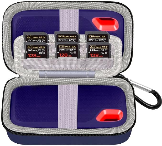 COMECASE Dual SSD Case for SanDisk Extreme Portable SSD & Extreme Pro, Hard Drive Storage Bag Fits 1TB 2TB 4TB 8TB External Solid State Drive, with 12 SD Card Slots, for Travel-Dark Blue (Box Only)