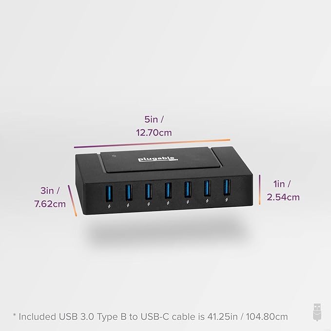 Plugable 7-in-1 USB Powered Hub for Laptops with USB-C or USB 3.0 - Power Station for Multiple Devices and Data Transfer with a 60W Power Adapter, Driverless