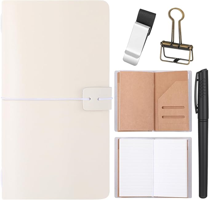 Thenshop Travelers Refillable Leather Journal Notebook Travel Diary Handmade Passport Travelers Journal for Men and Women with 3 Notebook Inserts, Pen Holder, Binder Clip(White,Stand Size)