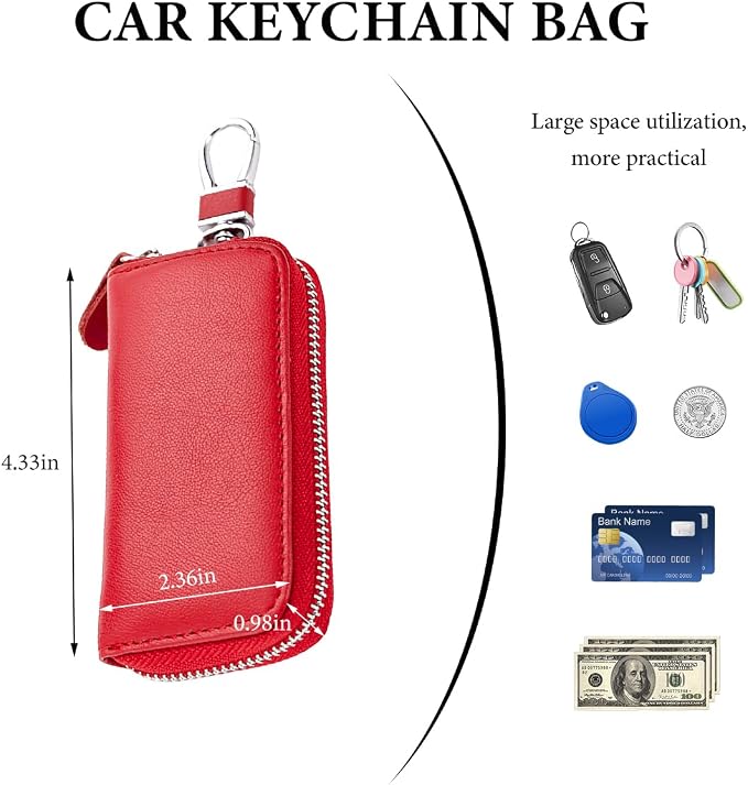 Leather Car Key Holder Bag, Unisex Key Fob Case with 6 Hooks, Zipper Closure Keychian Case Wallet for Smart Keys (Red)