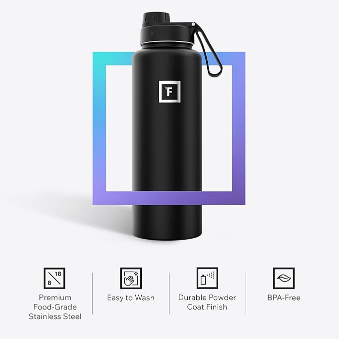 IRON °FLASK Camping & Hiking Hydration Flask with Spout, Wide Mouth Insulated Stainless Steel Sports Water Bottle - Black Marquina 40 oz - Spout (1 Lid)