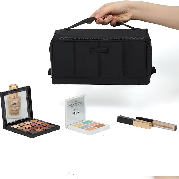 NISHEL Travel Makeup Bag for Women, Fluffy & Lightweight Open Flat Cosmetic Organizer with Multiple Functional Divider for Brush Independent Storage, Handle for Easy Portability, Large, Black