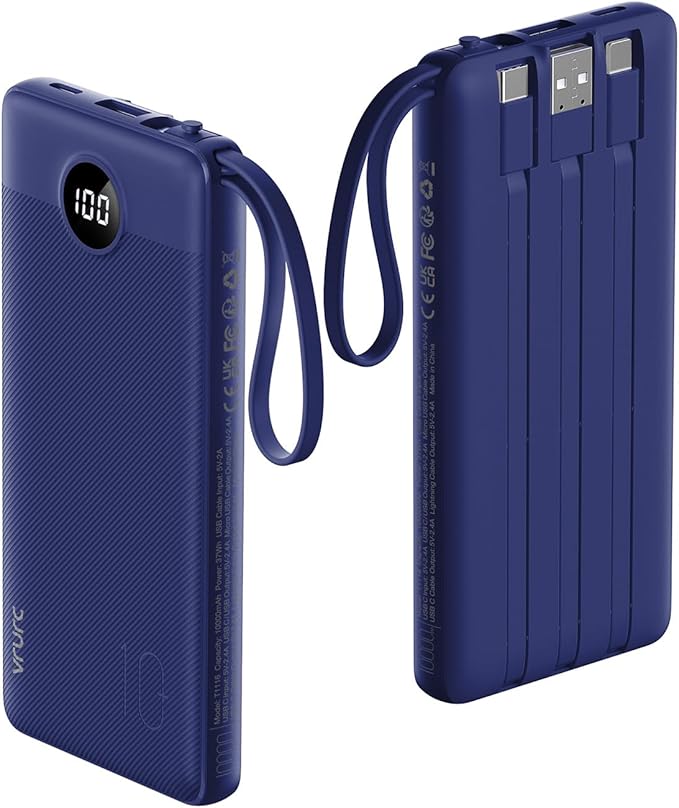 VRURC Portable Charger for iPhone, USB C Power Bank 10000mAh, Slim Travel Battery Pack Built in Cables & Lanyard, 5 Output 2 Input Portable Phone Charger for iPhone 17 16 15 14 13, Samsung-Navy