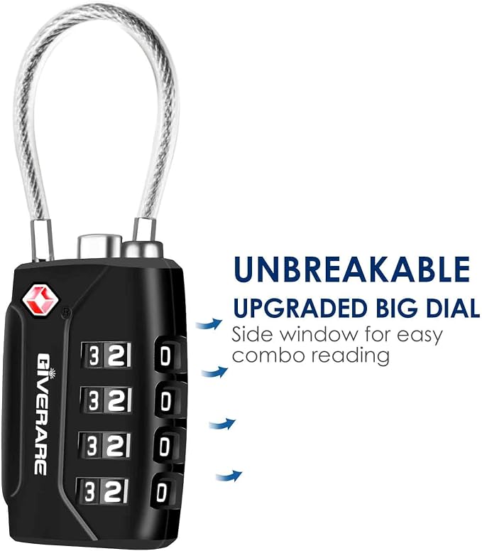 2 Pack TSA Approved Travel Luggage Locks, 4-Digit Metal Cable Combination Suitcase Lock, Alloy Padlocks, Weatherproof Padlock for Locker, Golf Bag, Gun Case, Backpack, Anti Theft-Black