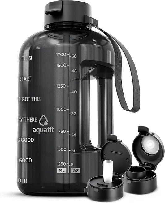 AQUAFIT Half Gallon Water Bottle with Time Marker - Straw & Chug Lid - BPA Free Gym Water Bottle with Straw - Big Gallon Jug (Gray, 64 oz - 2 Lids)