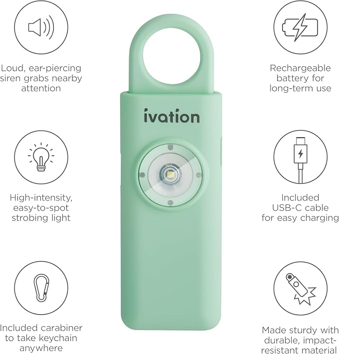 Ivation Personal Rechargeable SOS Alarm, Pocket Size Loud 130dB Sound Safety Siren & LED Panic Strobe Light with Carabiner Keychain Clip for Women, Children & Seniors, Green