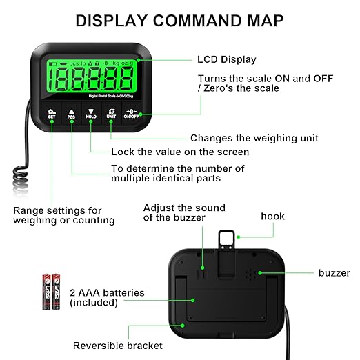 440lb Postal Scale - Industrial Shipping Scale with Stainless Steel Platform, Tare/Hold/Counting Function for Luggage, Package, Mail | lb/kg/lb:oz | Heavy Duty Scale with Battery & Charging Cable