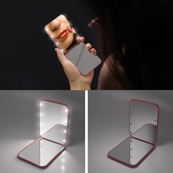 Kintion Pocket Mirror, 1X/3X Magnification LED Compact Travel Makeup Mirror with Light for Purse, 2-Sided, Portable, Folding, Handheld, Small Lighted Mirror for Gift, Wine Red