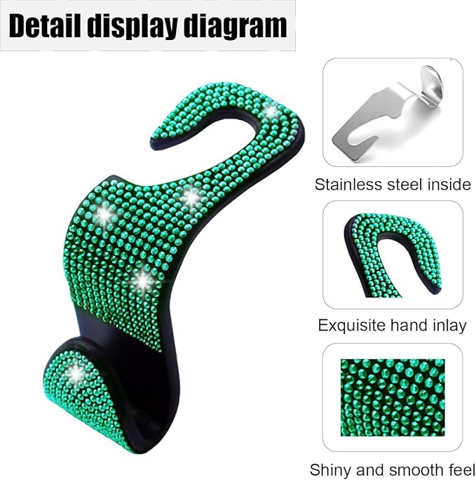 LAINLOY 4PCS Bling Car Headrest Hook, Crystal Rhinestone Back Seat Purse Holder, Car Seat Hanger Storage for Bag, Grocery, Handbag, Universal Interior Accessories for SUV Car Truck (Green)