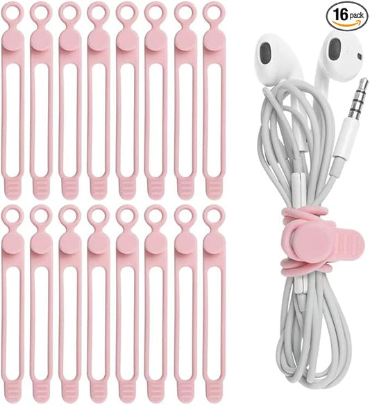 16Pcs Silicone Cable Straps Wire Organizer for Bundling Earphone, Phone Charger, Computer Cords, Reusable Cable Ties Cord Organizer in Home,Office,Kitchen,School(Pink)