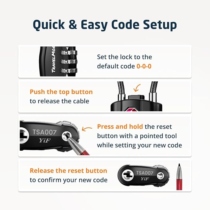 4 Pack TSA Approved Travel Combination Cable Luggage Locks for Suitcases & Backpacks - Black