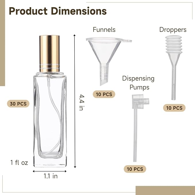30 Pcs 30ml Perfume Bottles Bulk - Refillable Clear Thick Glass Cologne Spray Perfume Bottles for Fragrance Decanting, Compact Travel Fine Mist Atomizer Set with Funnels, Dispensers, Spring Droppers