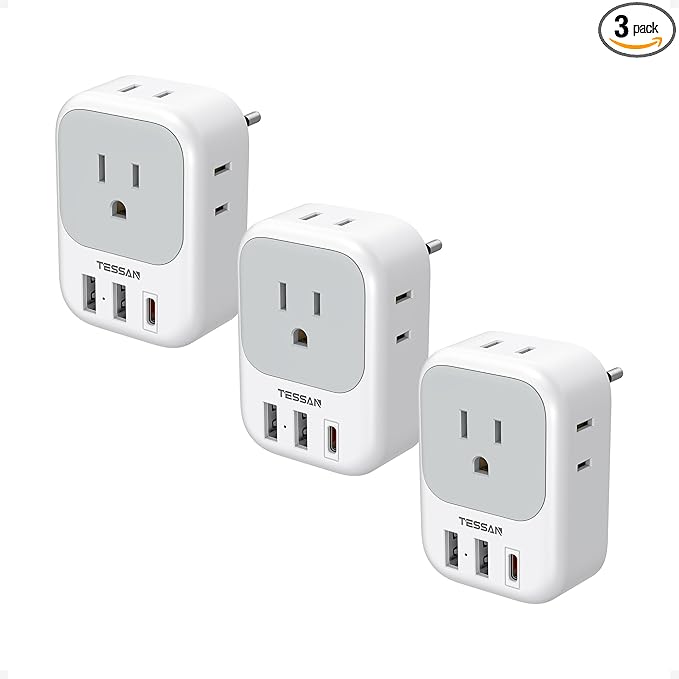 TESSAN European Travel Plug Adapter USB C 3 Pack, PD 20W US to Europe Plug Adapter with 4 AC Outlets 3 USB Ports, Type C Power Adaptor for USA to EU Euro Spain France Iceland Italy Germany Greece