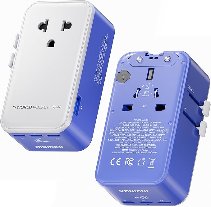 (2026 NEW) MOMAX Universal Travel Adapter, Ultra-Thin 1-World Pocket 70W GaN International Plug Adapter with 3 USB-C & 1 USB-A Fast Charging All-in-One Wall Charger for USA EU UK AUS (1-Pack, Blue)