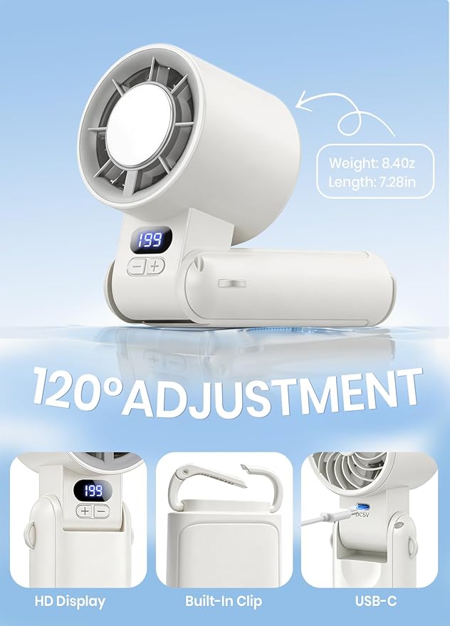 Portable Handheld Turbo Fan, 1-199 Speed Adjustable with LED Display, High-Power Motor, Rechargeable Battery, 4 IN 1 Pocket Design Mini Fans for Indoor/Outdoor/Travel/Work, White