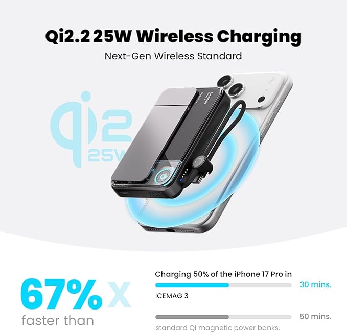 sharge ICEMAG 3 MagSafe Portable Charger, Qi2.2 25W Magnetic Power Bank 10000mAh 35W USB-C Fast Charging, with Active Cooling& Built-in Cable, Transparent RGB Design for iPhone 17/16/15/14 Series