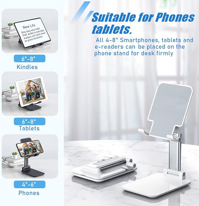 Phone Stand for Desk, Cell Phone Holder Cute Smart Cellphone Stand Foldable Stands Compatible with Under 8" Devices, Office Accessories, White&Pink