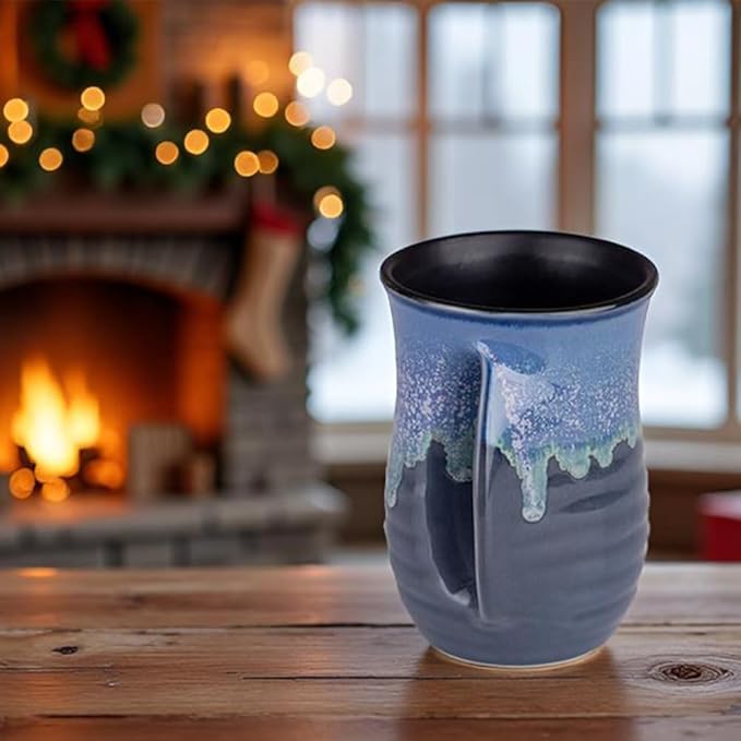 Hand Warmer Coffee Mug Handmade Pottery (UPGRADED) - 16 Ounce Large Hand Warming Mugs Ceramic Gift with Contoured Pocket, Keep Your Fingers Warmth, Right Handed