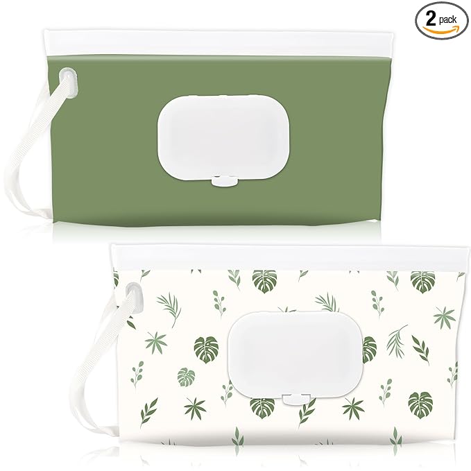 FEBSNOW 2 Pack Baby Wipes Dispenser Holder, Portable Refillable Baby Wet Wipes Pouch Container Reusable Travel Case for Outdoor Hiking, Green Leaves