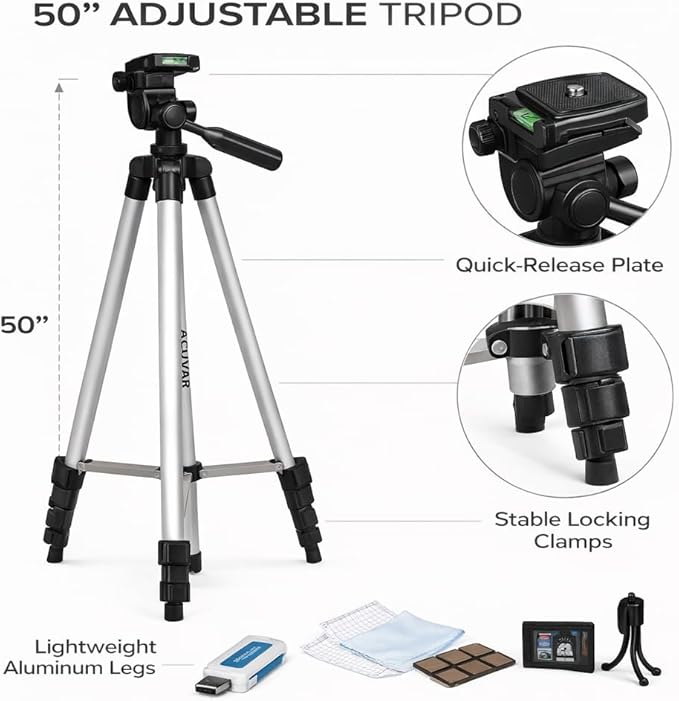Camera Starter Accessory Kit – 50” Lightweight Tripod & Padded Camera Bag Bundle with 64GB SD Card, Cleaning Kit & Essentials for DSLR Cameras