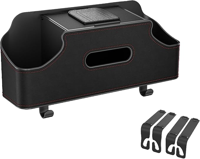 Car Headrest Backseat Organizer, Multi-Functional Vehicle Headrest Hanging Storage Box with Hook Cup Phone Holder Tissue Box, Universal Automotive Interior Seat Back Organizer (Black)