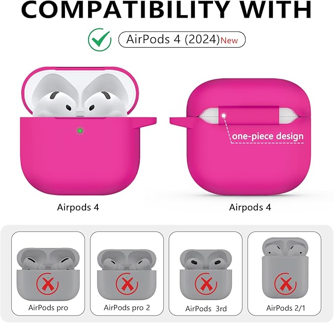Ljusmicker for AirPods 4 Case 2024 with Cleaner Kit,Soft Silicone Protective Cover for Apple AirPods 4th Generation Cases for Women Men,for AirPod 4 Case Accessories with Keychain-Hot Pink