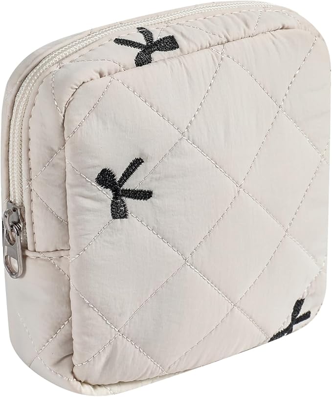 RSRSLEII Small Quilted Cosmetic Pouch for Purse, Mini Cotton Makeup Bag with Compartments, Cute Zipper Lipstick Holder for Women (06Beige Bow)