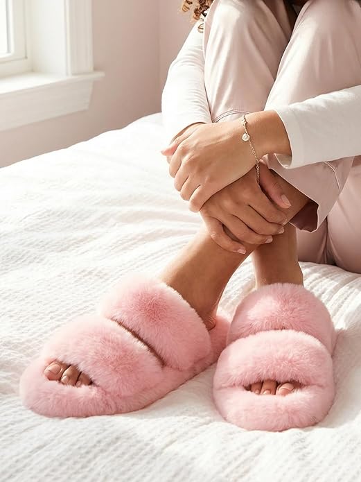 FamilyFairy Women's Fluffy Faux Fur Slippers Comfy Open Toe Two Band Slides with Fleece Lining and Rubber Sole
