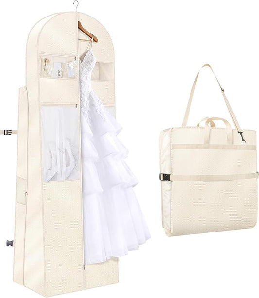 KEEGH 72" Wedding Dress Garment Bag - Tri-Fold Design Bridal Dress Bag with Shoulder Strap & Handle, Heavy-Duty Checkered Oxford Fabric for Long Wedding Gowns & Formal Gown Storage, Beige
