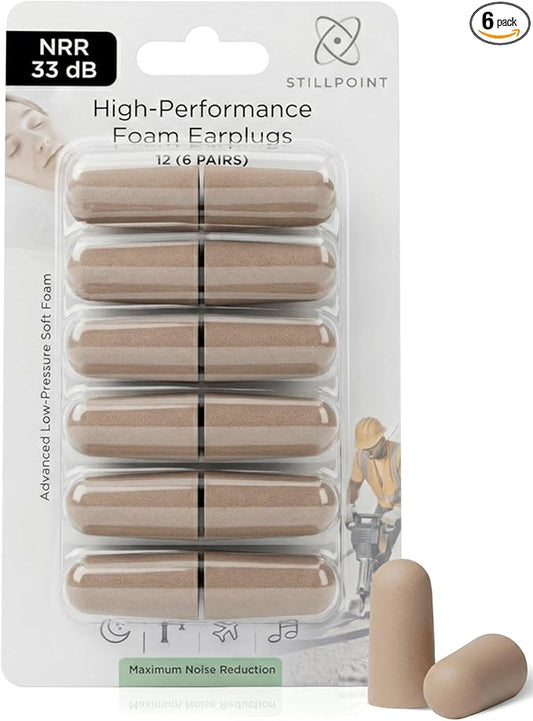 Happy Hippo Soft Foam Earplugs, 33 dB NRR, 6 Pair, 12 Ear Plugs Maximum Protection for Sleeping; Silence Snoring, Airplanes, Airports, Power Tools, Phone Conversations, Loud Work Environments (Beige)