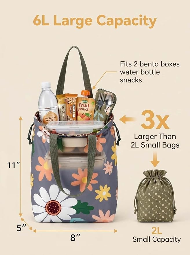 Reusable Small Lunch Bag,Drawstring Lunch Bag,Insulated Handbag Tote bag with Handle (Sunflower 2.0)