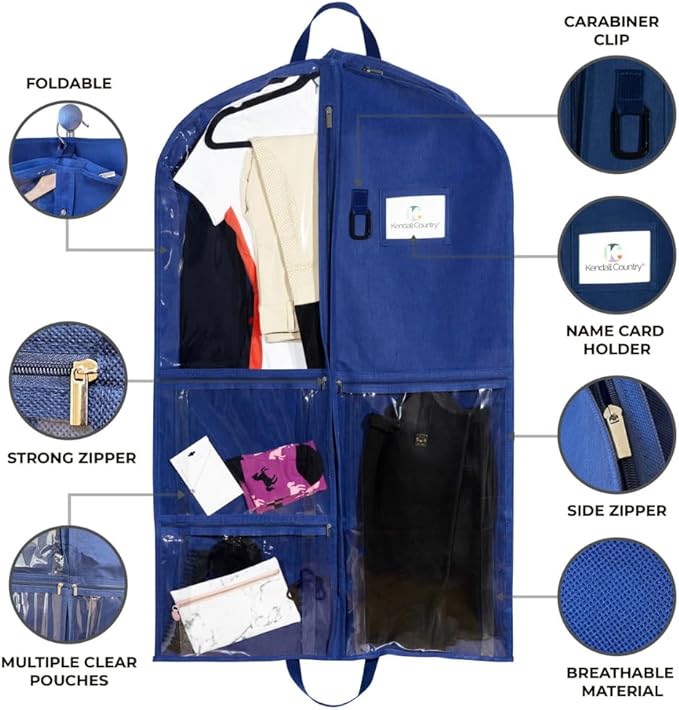 Waterproof Hanging Garment Bag 40 inch Clothes Bag with Gusset, 2 Pack, 5 Pockets & Side Zip for Dance Costumes, Sports, Skating, Theatre, Beauty Pageants,Cheer & More by Kendall Country, Navy Blue