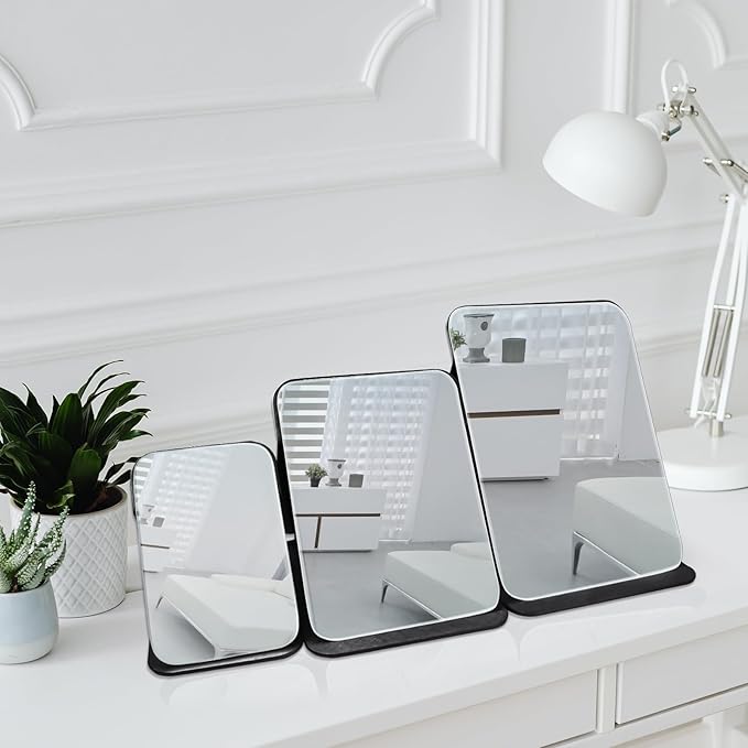 Makeup Mirror, 7x10 Inches Portable PU Leather Mirror, Folding Desktop Vanity Mirror with Adjustable Stand for Vanity Table, Office, Travel (L, Black)