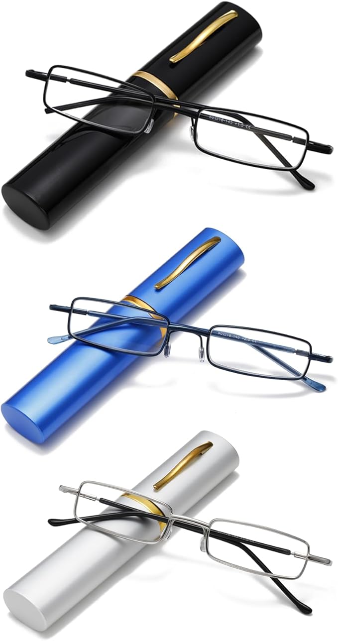 Viseng Slim Mini Metal Reading Glasses Compact Lightweight Portable Readers with Glasses Case for Reading Case +3.5 Black/Blue/silvery