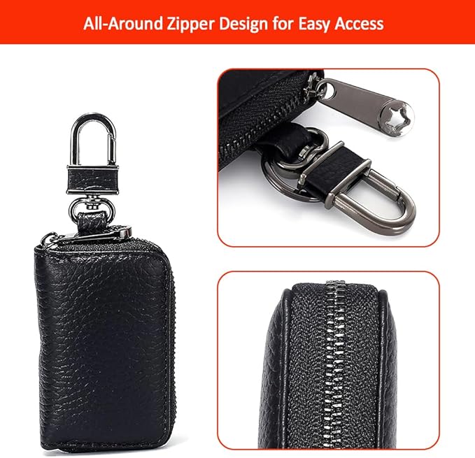 Leather Car Key Case with Zipper, Compact Smart Key Fob Holder with Keychain, Portable Car Key Organizer Pouch