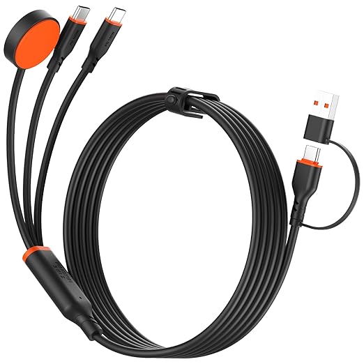 Travel Essentials 3 in 2 Multi Charging Cable 100W USB A/C to Dual USB C/for Apple Watch Charging Cable Silicone Fast Charge Compatible with iPhone 17-15 Series iPad MacBook, Type-C Devices 5FT-Black