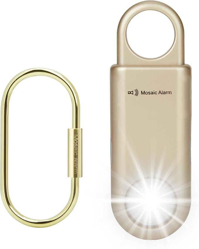 Rechargeable 135 dB Personal Alarm for Women 2-in-1 Flashlight Ultra-Bright Strobe Light. Students Kids Safety SOS Keychain Siren. Loud Emergency Hiking Bear Alerts Long Battery Life. Gold
