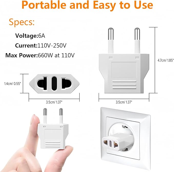 US to Europe Plug Adapter - European Travel Plug Adapter,Type C Wall Plug Power Converter for Europe,White,8 Pack