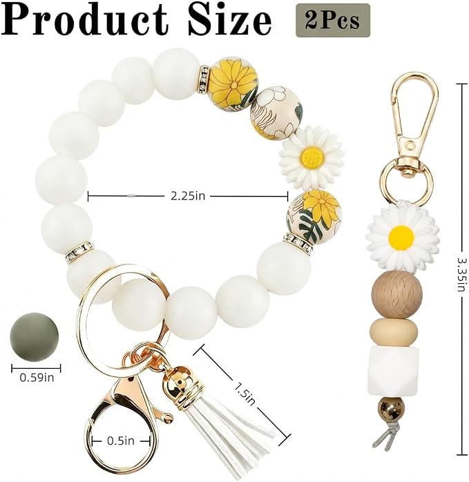2PCS Bracelet Key Ring Set, Cute Car Key chain Wristlet, Silicone Beaded Bangle keyChains for Women Girls