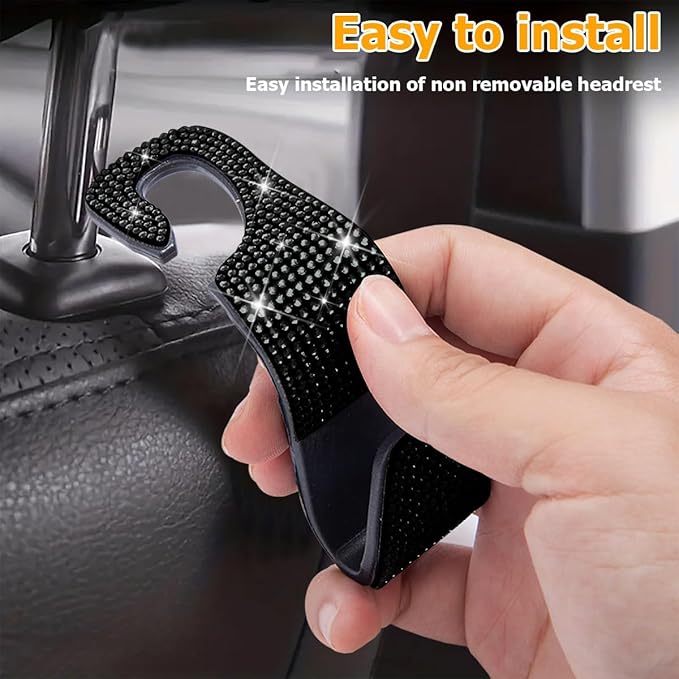 Zpana 4PCS Bling Car Seat Headrest Hooks, Vehicle Back Seat Purse Handbag Hanging Holder with Crystal Rhinestone, Diamond Storage Organizer Hook, Universal Automotive Accessories (Orange)