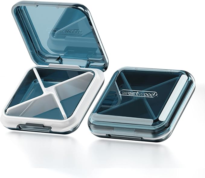 DUBSTAR Small Pill Box for Purse, Moisture Waterproof Travel Pill Case with 4 Compartments, Daily Pill Organizer for Vitamins & Medication (T-Blue)