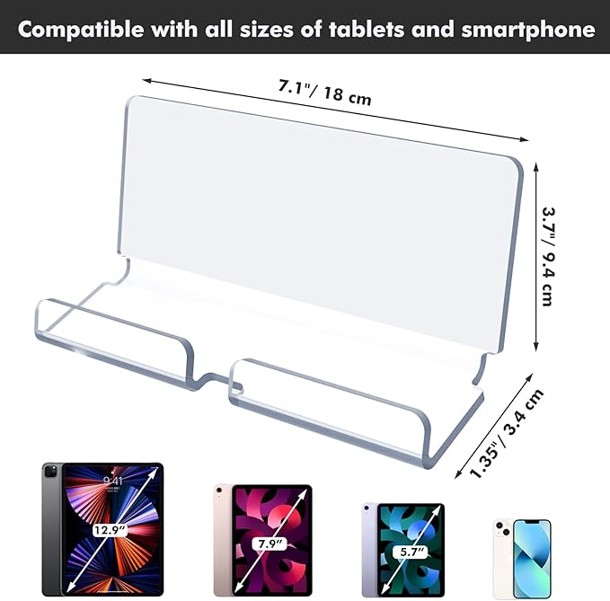 Kamehame Tablet Wall Mount Holder, Acrylic Material, Hand Free, for Smartphones, Tablets, eReader, Clear & Silky White