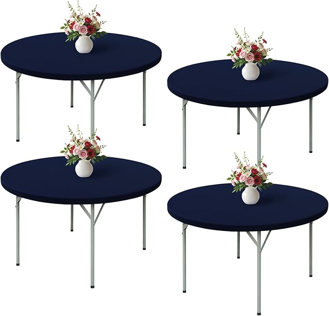 Wolkemer 4 Pack 5 Foot Navy Blue Fitted Tablecloth 60 Inch Round Elastic Edges Table Cloth, Spandex Stretch Table Cover with Machine Washable Fabric for Wedding Party Picnic Dining Indoor Outdoor