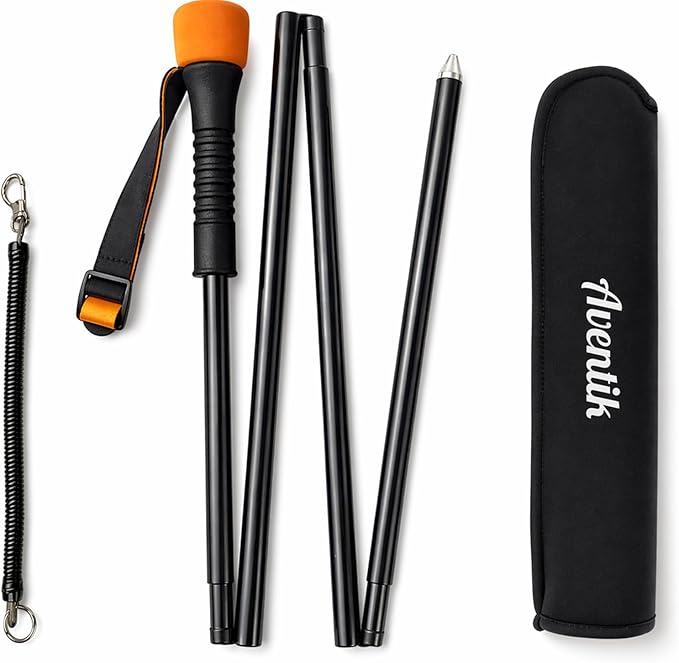 Aventik Fold-able Wading Staff Water Depth Safety Warning Sign Coated Stainless Steel Core T7075 Aluminum Body Corrosion Resistance Neoprene Sheath