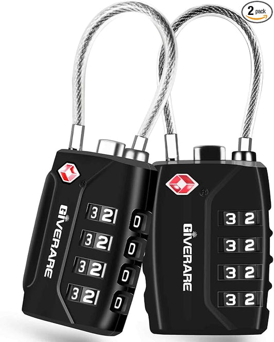 2 Pack TSA Approved Travel Luggage Locks, 4-Digit Metal Cable Combination Suitcase Lock, Alloy Padlocks, Weatherproof Padlock for Locker, Golf Bag, Gun Case, Backpack, Anti Theft-Black