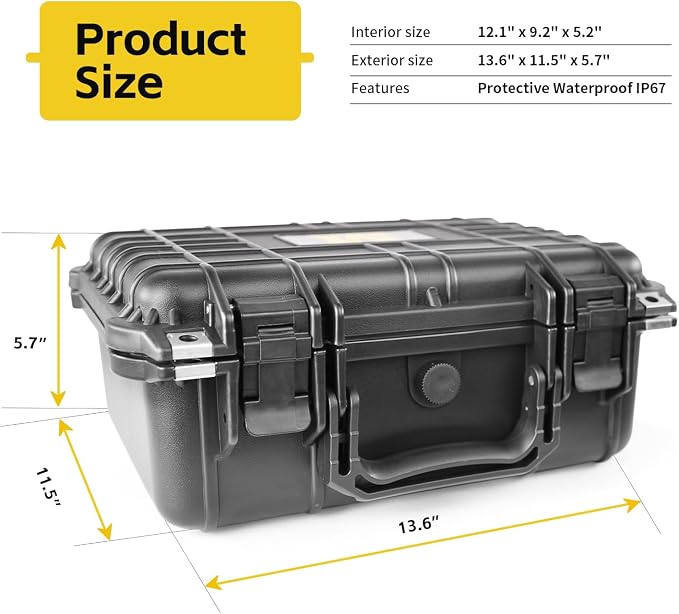 MaxWorks 51016 Waterproof Hard Case IP67 – Protective Foam Interior, Fits 12.1" x 9.2" x 5.2" Items – Rugged Storage for Camera, Tools, Valuables – 13.6" x 11.5" x 5.7" Exterior, Black