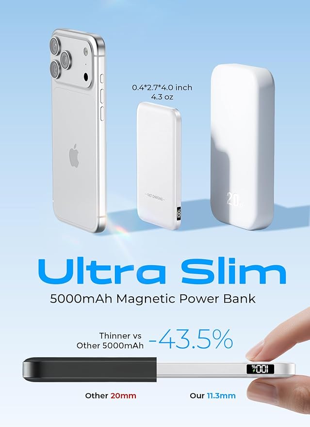 Aobbow Magnetic Portable Charger, 50% Smaller & Slimmer 5000mAh Power Bank with LED Display, 15W Fast Charging Battery Pack, Travel Essential MagSafe Compatible Charger for iPhone 17/16/15 - White