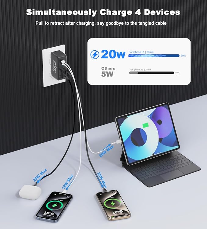 4 in 1 Retractable Wall Charger with Dual Cables,40W Retractable Phone Charger Wall Plug with Dual USB Ports,20W USB C Chargers Block Fast Charging for iPhone 17 16 15 14 13,LG, Galaxy S24 23,Pixel